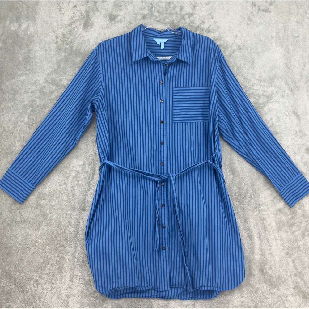 Draper James Shirt Dress Womens Size L Blue Stripe Belted Pockets Preppy Office